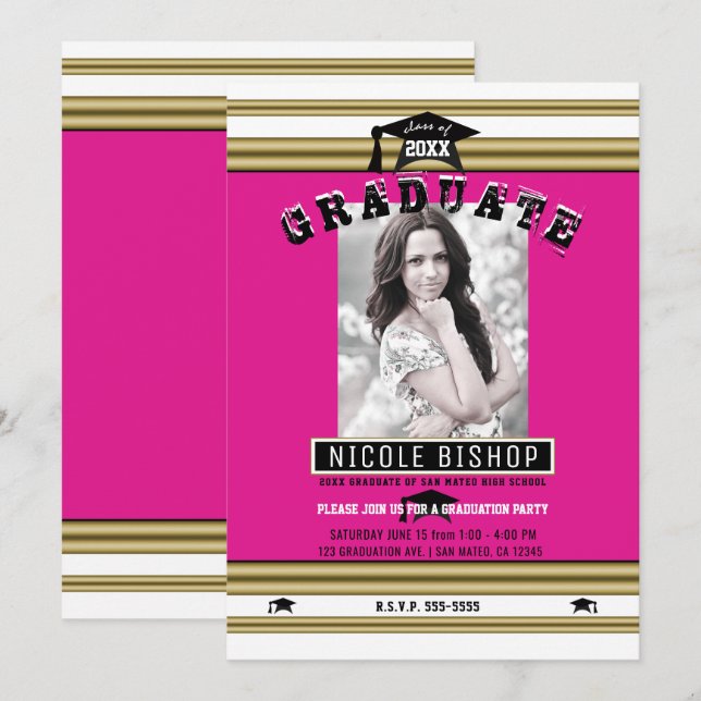 Invitation Hot Rose Gold White Elegant Photo Graduation Party (Devant / Derrière)