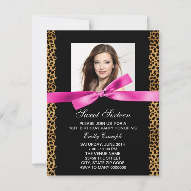 Invitation Hot rose léopard photo Sweet 16 Anniversaire fête (Devant)
