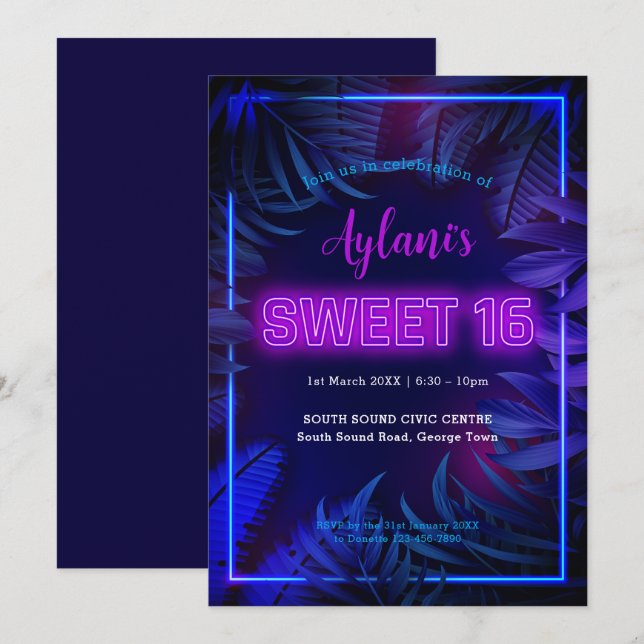 Invitation Hot rose Neon Glow Sweet 16 Anniversaire (Devant / Derrière)