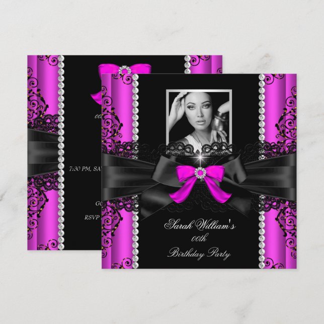 Invitation Hot rose noir dentelle photo fête d'anniversaire (Devant / Derrière)
