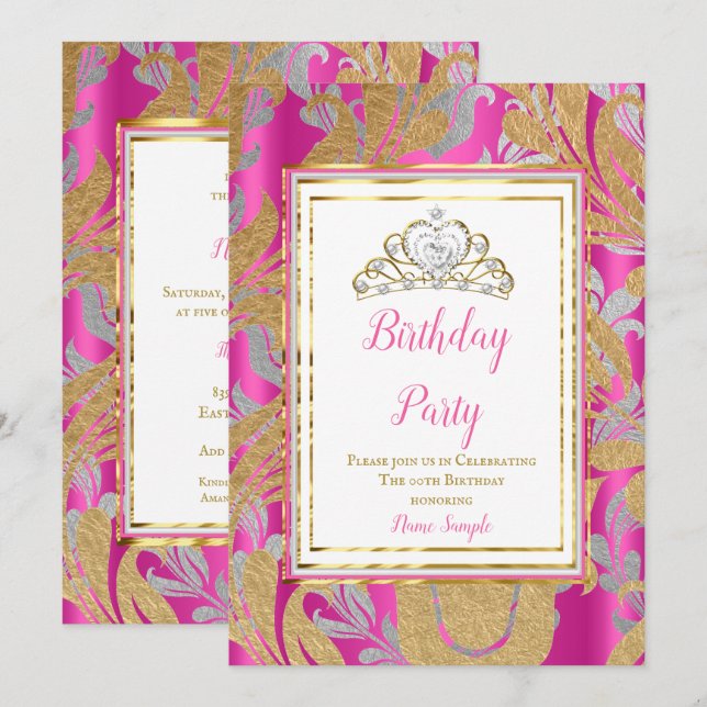 Invitation Hot rose or Damask gris Tiara fête d'anniversaire (Devant / Derrière)