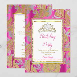 Invitation Hot rose or Damask gris Tiara fête d'anniversaire