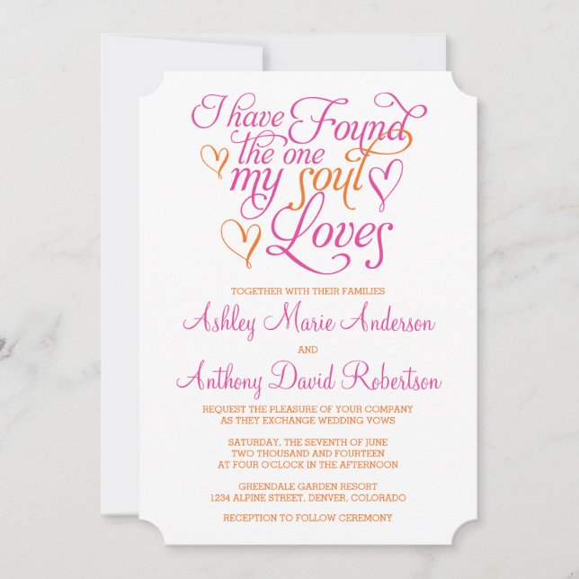 Invitation Hot rose orange âme aime Mariage de coeur (Devant)
