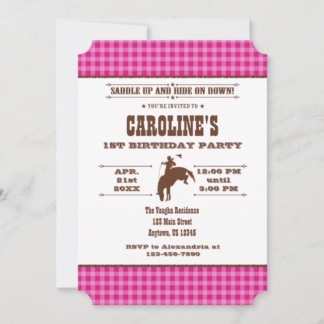 Invitation Hot rose Plaid Cowboy Rodeo Anniversaire Invitatio (Devant)