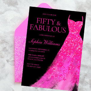 Invitation Hot Rose Sparkle Gown & Black 50th Birthday Party