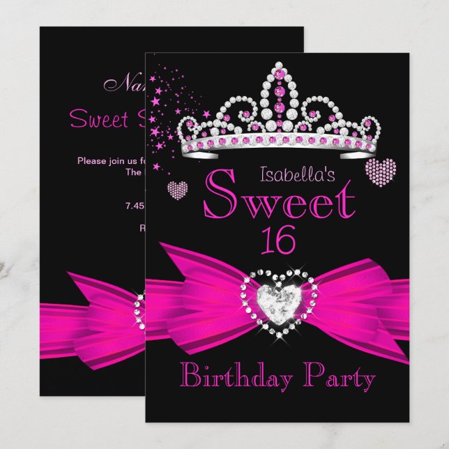 Invitation Hot rose Sweet 16 Anniversaire Diamond Tiara 2 (Devant / Derrière)
