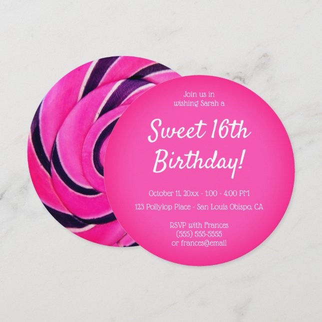 Invitation Hot Rose Sweet 16 Lollypop Photo Anniversaire (Devant / Derrière)