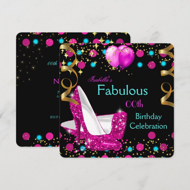 Invitation Hot rose Turquoise Bleu Haut talons Anniversaire (Devant / Derrière)
