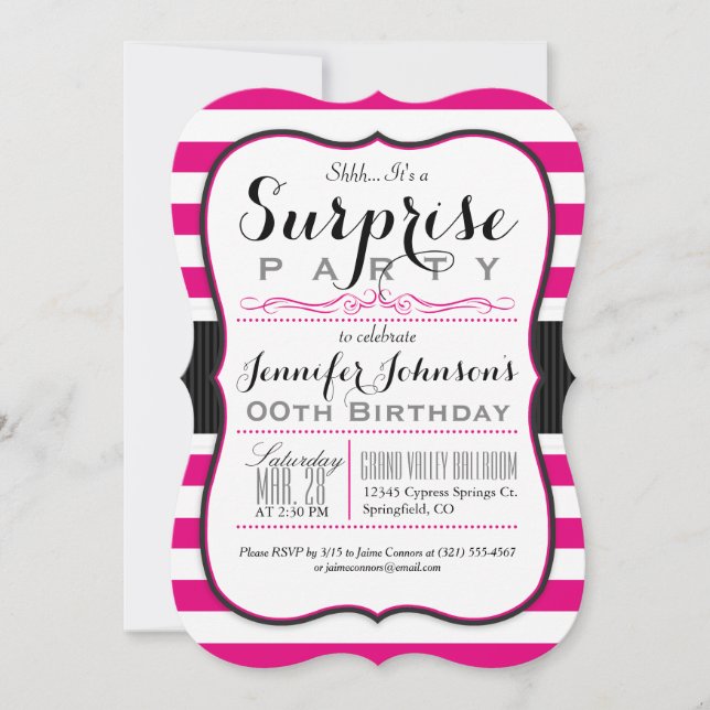 Invitation Hot Rose & White Stripes Surprise (Devant)