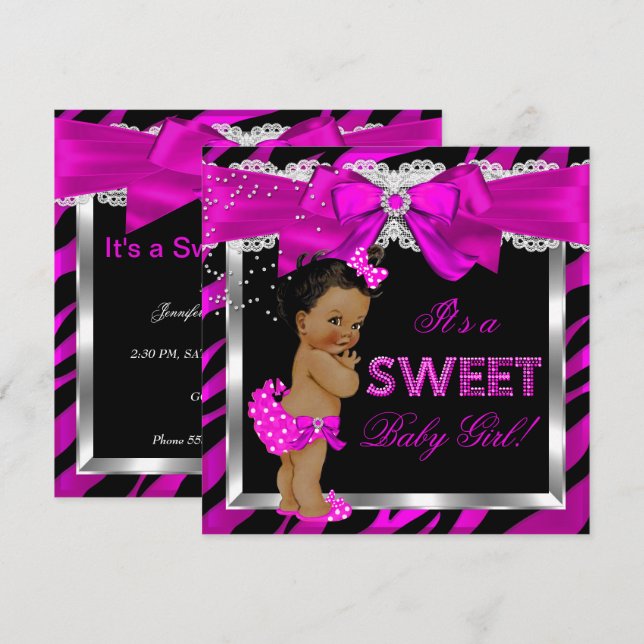 Invitation Hot rose Zebra Baby shower Girl Africaine Américai (Devant / Derrière)