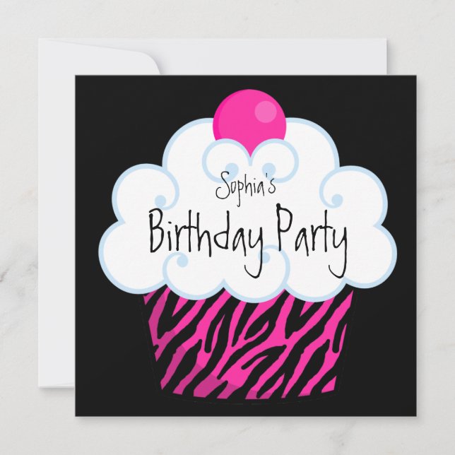 Invitation Hot rose Zebra Girls Cupcake fête d'anniversaire (Devant)