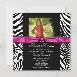 Invitation Hot rose Zebra Photo Sweet 16 Party