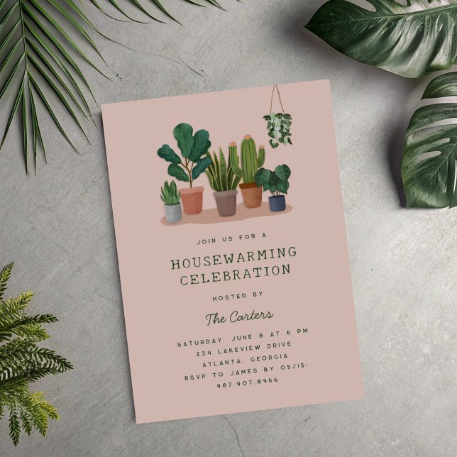 Invitation Houseplants Illustrations Housewarming Party (watercolour houseplants housewarming party invitation)