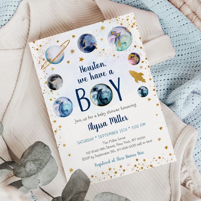 Invitation Houston Nous Avons Un Baby shower Boy Blue Gold Sp (Créateur téléchargé)