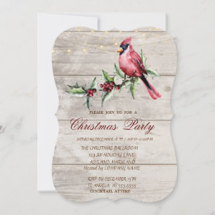 Invitation Houx et Cardinal Rouge sur fond en bois Noël Entre
