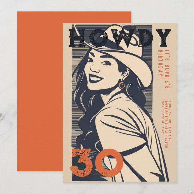 Invitation Howdy 30 Western Retro Orange Navy 30e anniversair (Devant / Derrière)