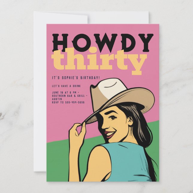 Invitation Howdy 30 Western Retro Pink Green 30e anniversaire (Devant)