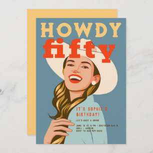 Invitation Howdy Fifty Western Retro Chic Blue 50e anniversai
