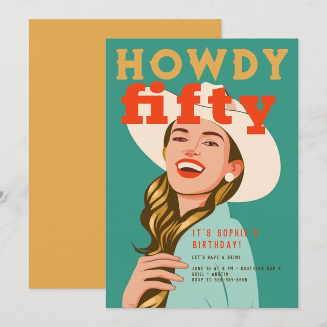 Invitation Howdy Fifty Western Retro Chic Green 50e anniversa (Devant / Derrière)