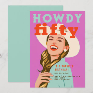 Invitation Howdy Fifty Western Retro Chic Pink 50e anniversai