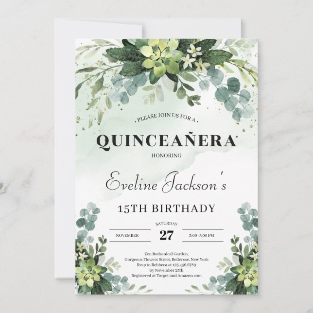 Invitation Hucalyptus boho quinceanera succulent tendance (Devant)