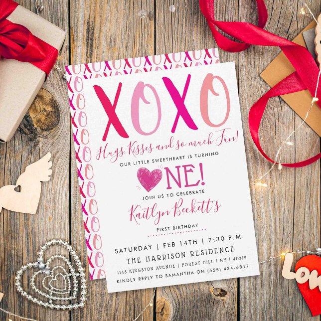Invitation Hugs & Kisses (XOXO) Valentine's Day 1st Birthday (Créateur téléchargé)