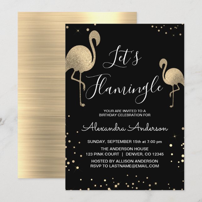 Invitation Huile d'or de luxe Flamingle - Flamant rose (Devant / Derrière)