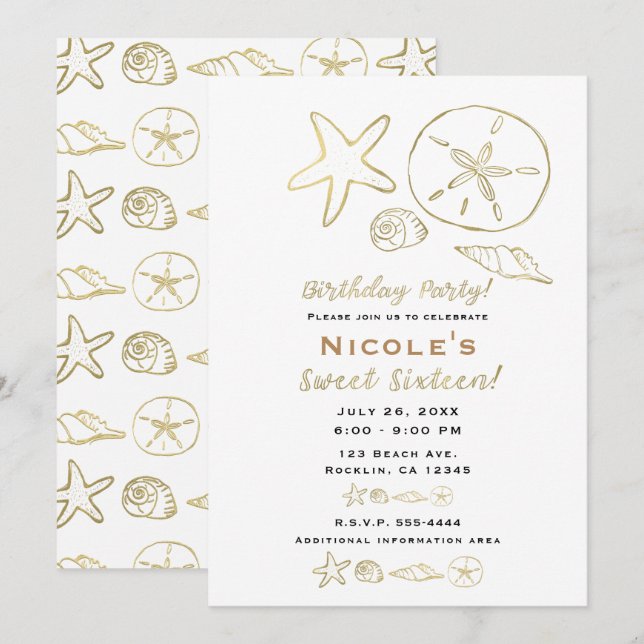 Invitation Huile d'or Look Sea Shells Chic Beach Sweet 16 (Devant / Derrière)
