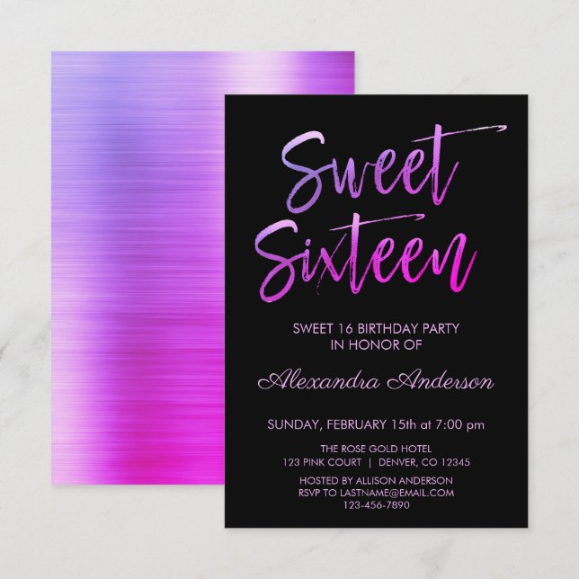 Invitation Huile pourpre et Sweet sixteen noir Anniversaire (Devant / Derrière)