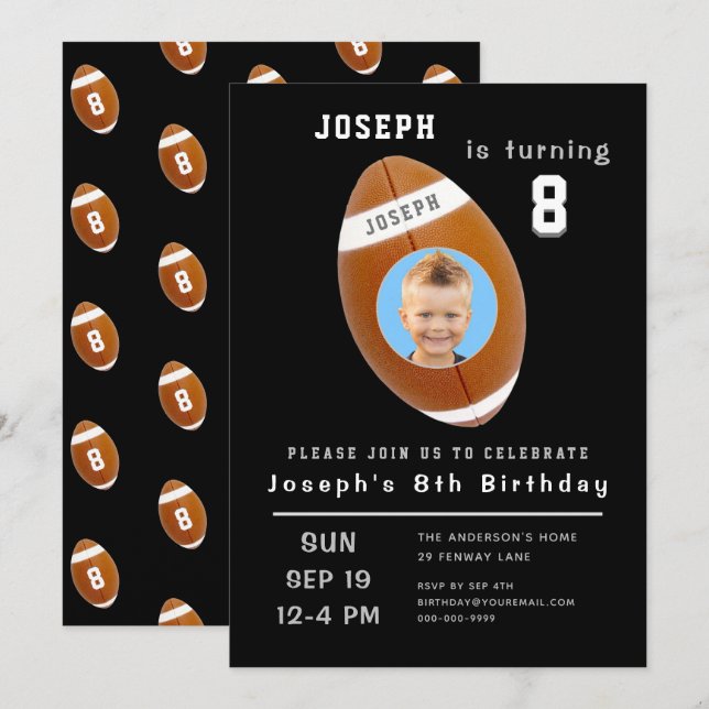 Invitation Huitième anniversaire Black Custom Photo Age Footb (Devant / Derrière)