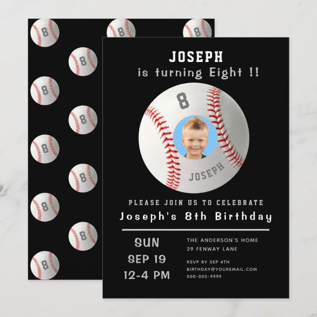 Invitation Huitième anniversaire Black Custom Photo Baseball (Devant / Derrière)