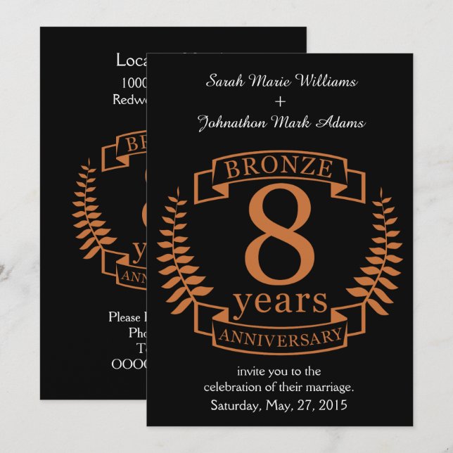 Invitation Huitième anniversaire de mariage en bronze 8 ans (Devant / Derrière)
