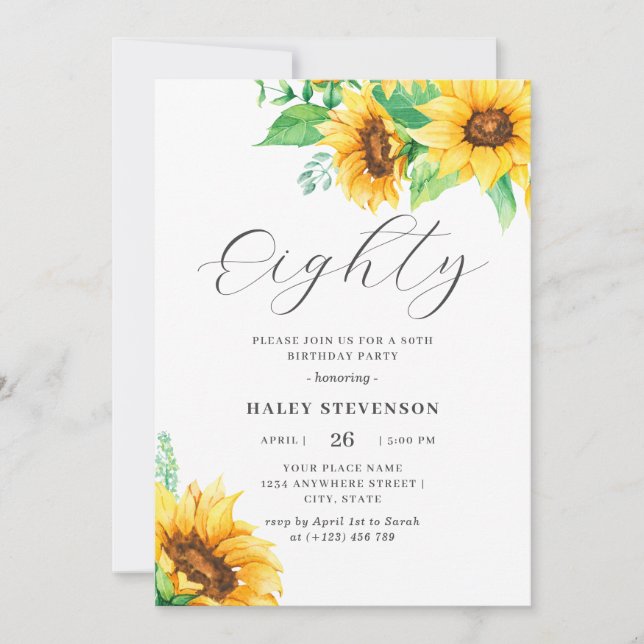 Invitation Huitième Jaune Chic Tournesol Floral 80e Anniversa (Devant)