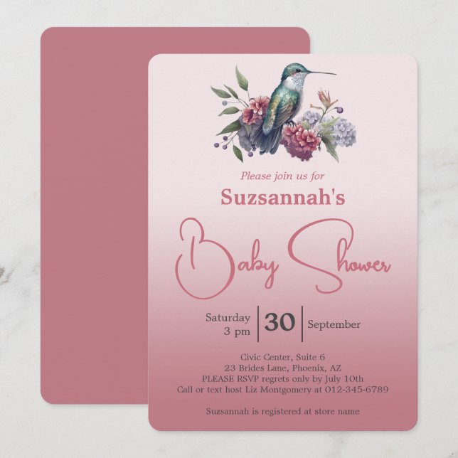 Invitation Hummingbird & Flowers Burgundy Ombre Baby Shower (Devant / Derrière)
