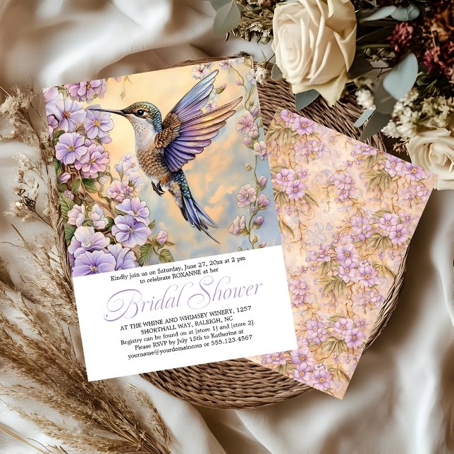 Invitation Hummingbird Lavender Flowers Bridal Shower | (Créateur téléchargé)