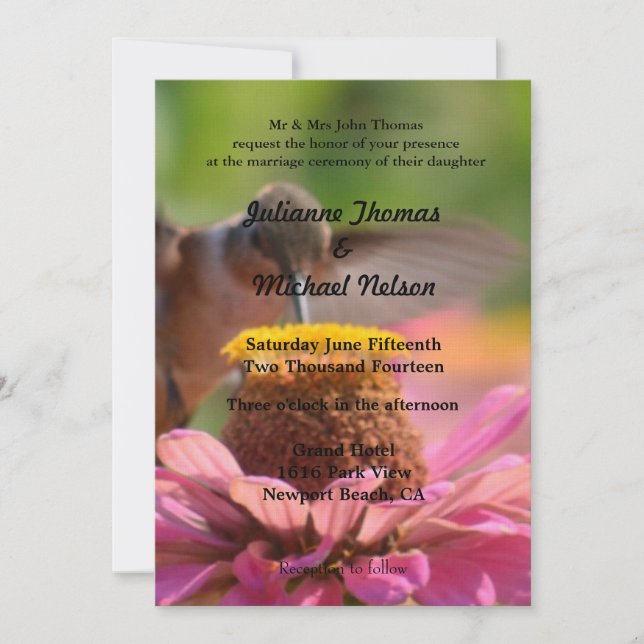 Invitation Hummingbird Zinnia Flower Mariage romantique (Devant)