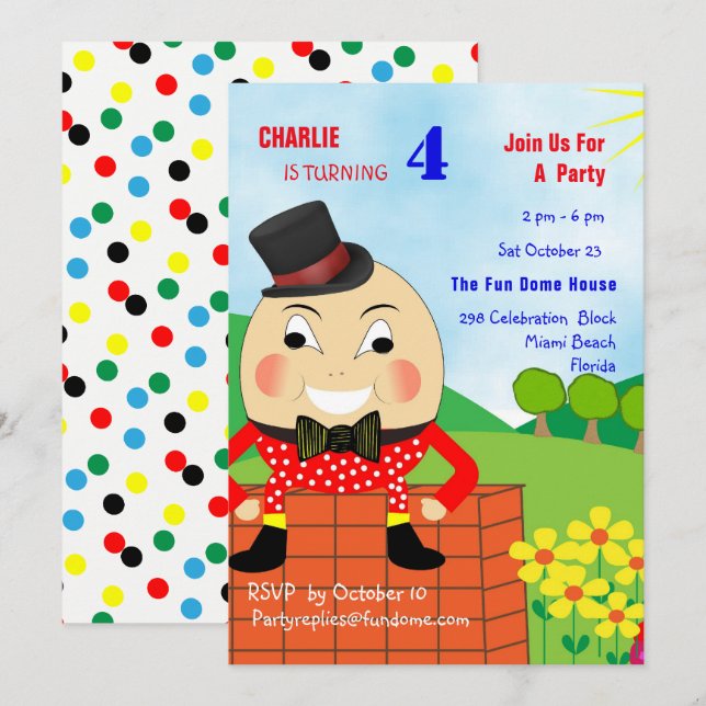 Invitation Humpty Dumpty Theme Anniversaire de enfant Party m (Devant / Derrière)