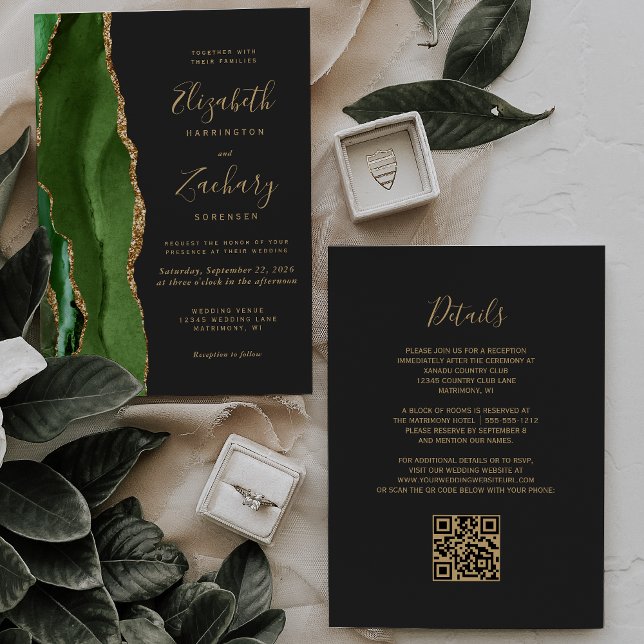 Invitation Hunter Green Gold Agate Dark QR Code Mariage (Créateur téléchargé)