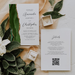 Invitation Hunter Green Gold Agate QR Code Mariage