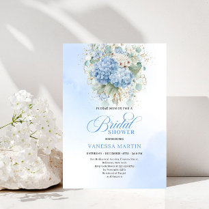 Invitation Hydrangea Bleu Romantique et Fleurs Dorées pour En