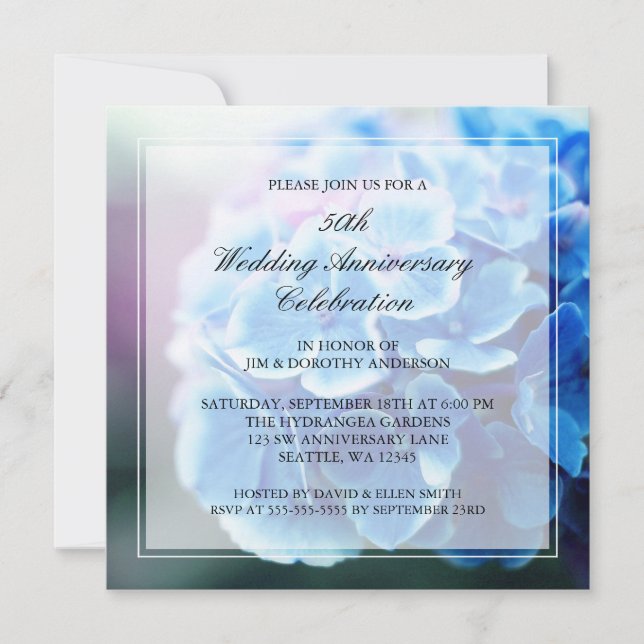 Invitation Hydrangea Bleu Violet 50e Anniversaire de Mariage (Devant)