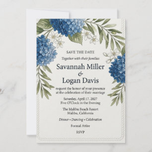 Invitation Hydrangea Bleue et Feuillage d'Olivier Aquarelle