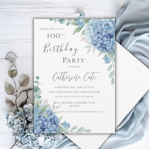 Invitation Hydrangea Bleue Florale Élégante 100e Anniversaire