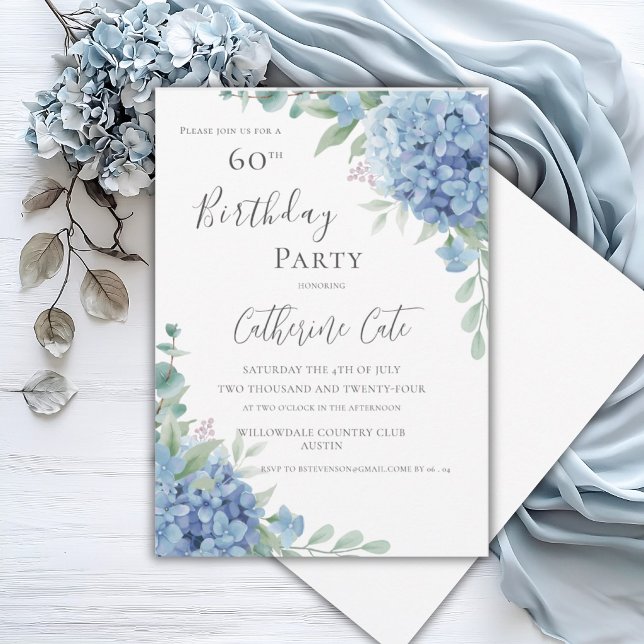 Invitation Hydrangea Bleue Florale Élégante 60e Anniversaire (Créateur téléchargé)