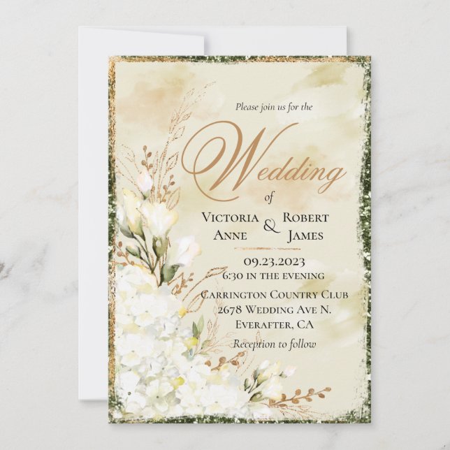 Invitation Hydrangea Elegant Blanc Or Vert Mariage Floral (Devant)