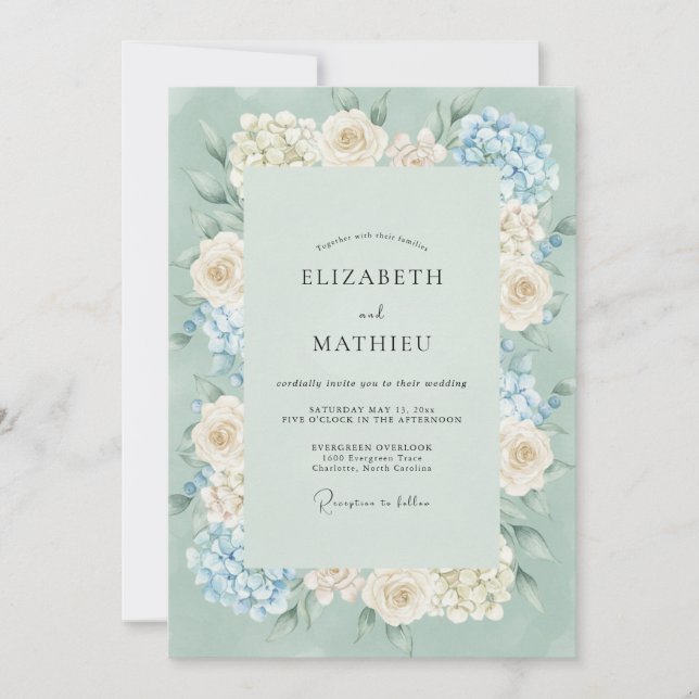 Invitation Hydrangea gris Weddi Periwinkle Mousse de mer (Devant)