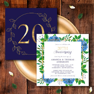 Invitation Hydrangea Or et Bleu 20e Anniversaire de Mariage