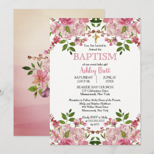 Invitation Hydrangea Rose Floral Aquarelle Girl Baptême