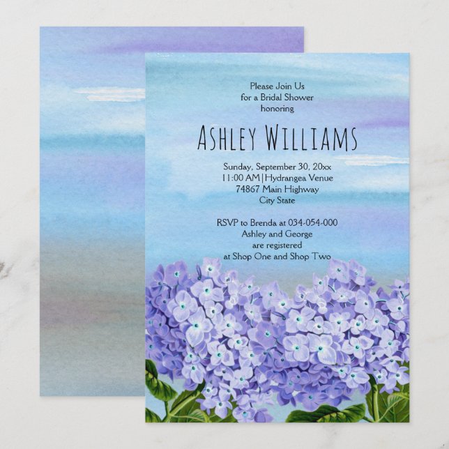 Invitation Hydrangeas aquarelle fleurie mariage douche nuptia (Devant / Derrière)