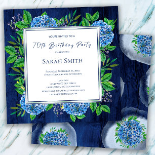 Invitation Hydrangeas Bleu Rustique Bois 70e Fête d'Anniversa